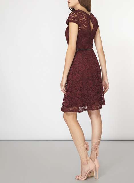 Wine Lace Belted Fit And Flare Dress